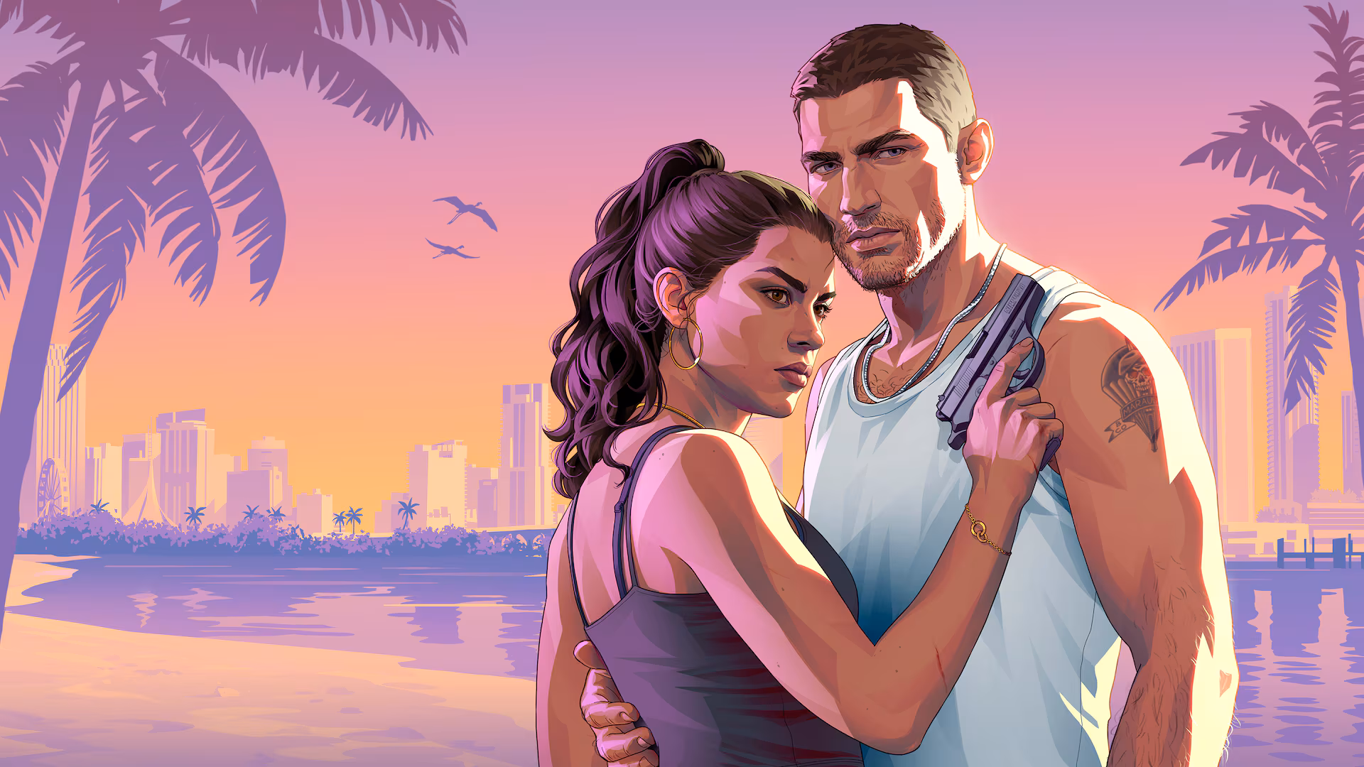 Grand Theft Auto VI — Jason and Lucia stand in front of Vice City at sunset