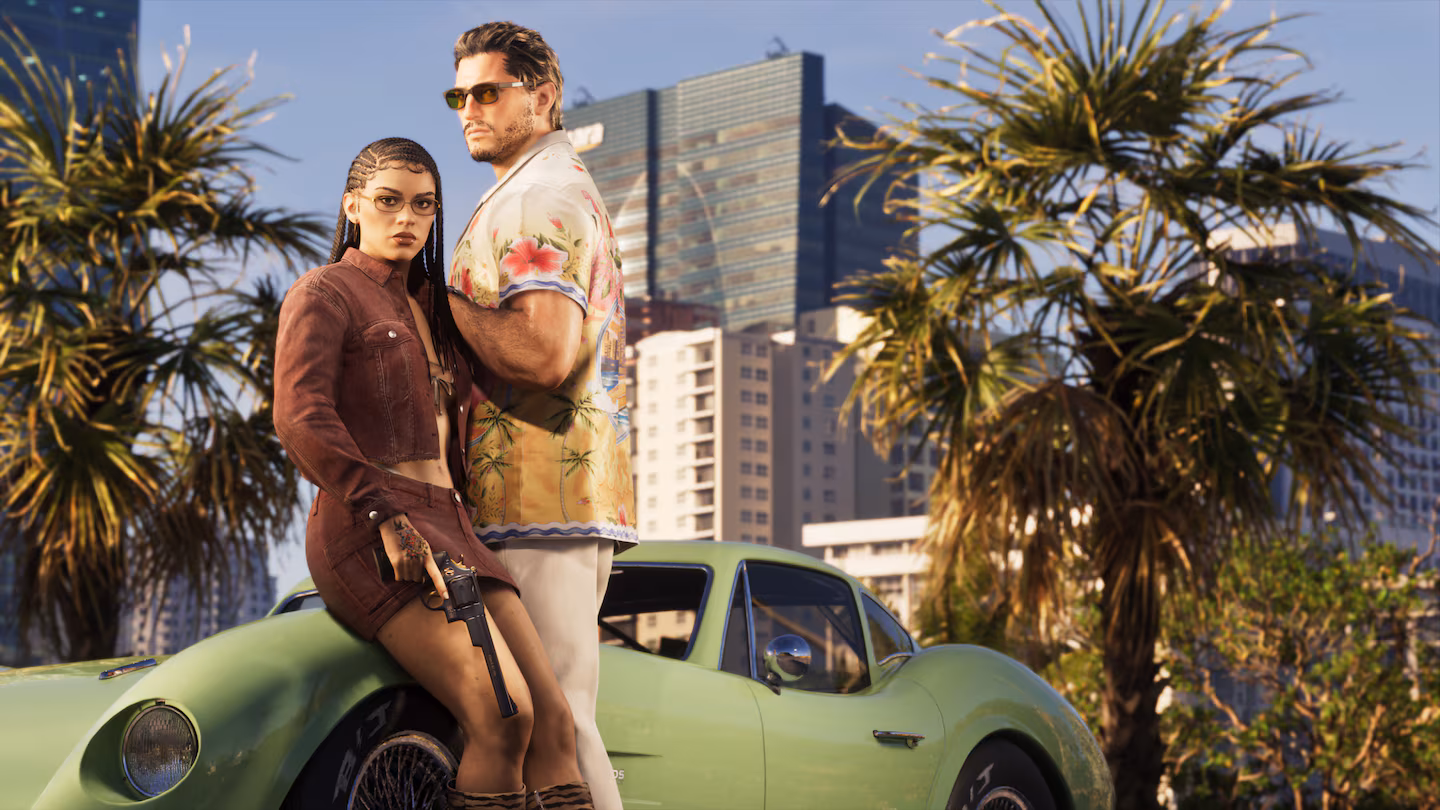 Jason and Lucia leaning on a car in Vice City