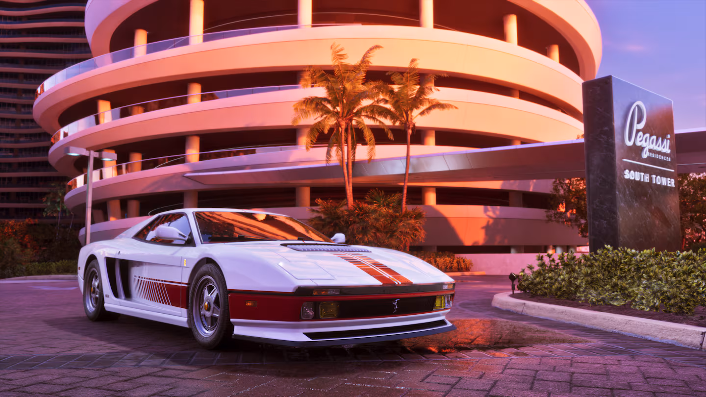 White supercar parked outside Pegassi Residences at dusk in Vice City